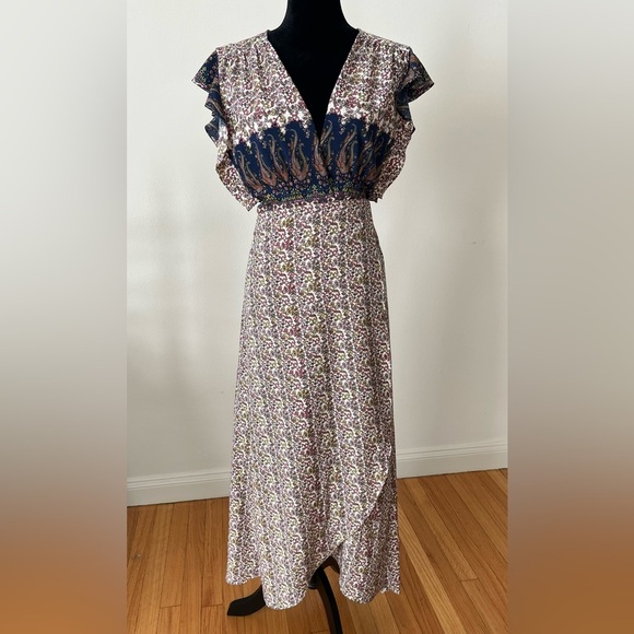 EUC MISA Los Angeles Carolina Floral Spring Flowy Cap Sleeve Maxi Wrap Dress SzM - Picture 9 of 15